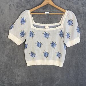 Blue Rose Size Large Sweater Puffed Short Sleeve cottagecore